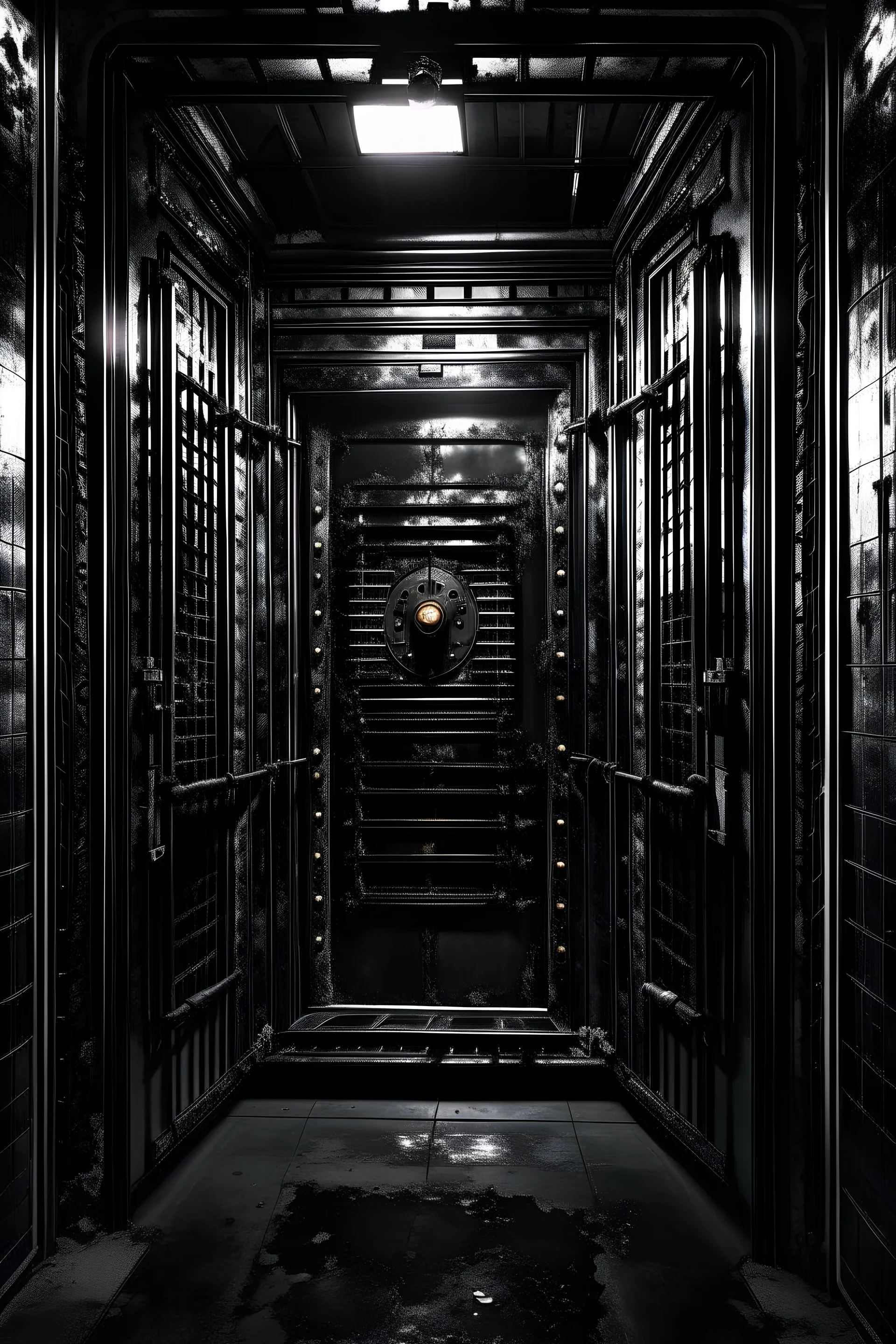 adigital door to an underground archive opening (in a metropolis that looks like a dark metallic hive)