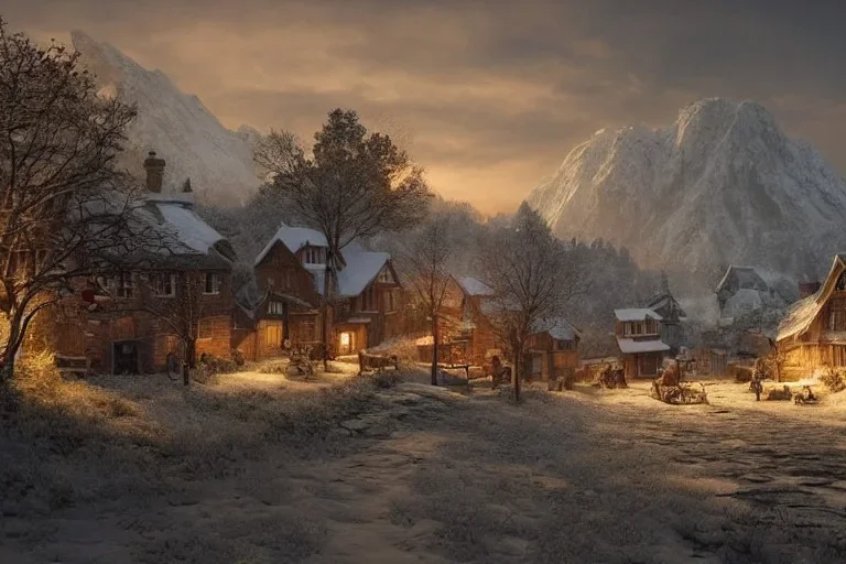 highly detailed small village scene in skelig, sunrise, illustration, background snowy mountains, cinematic lighting, 4k, 8k, octane render, digital concept art, trending on artstation, pinterest, extremely detailed, ambient lighting.