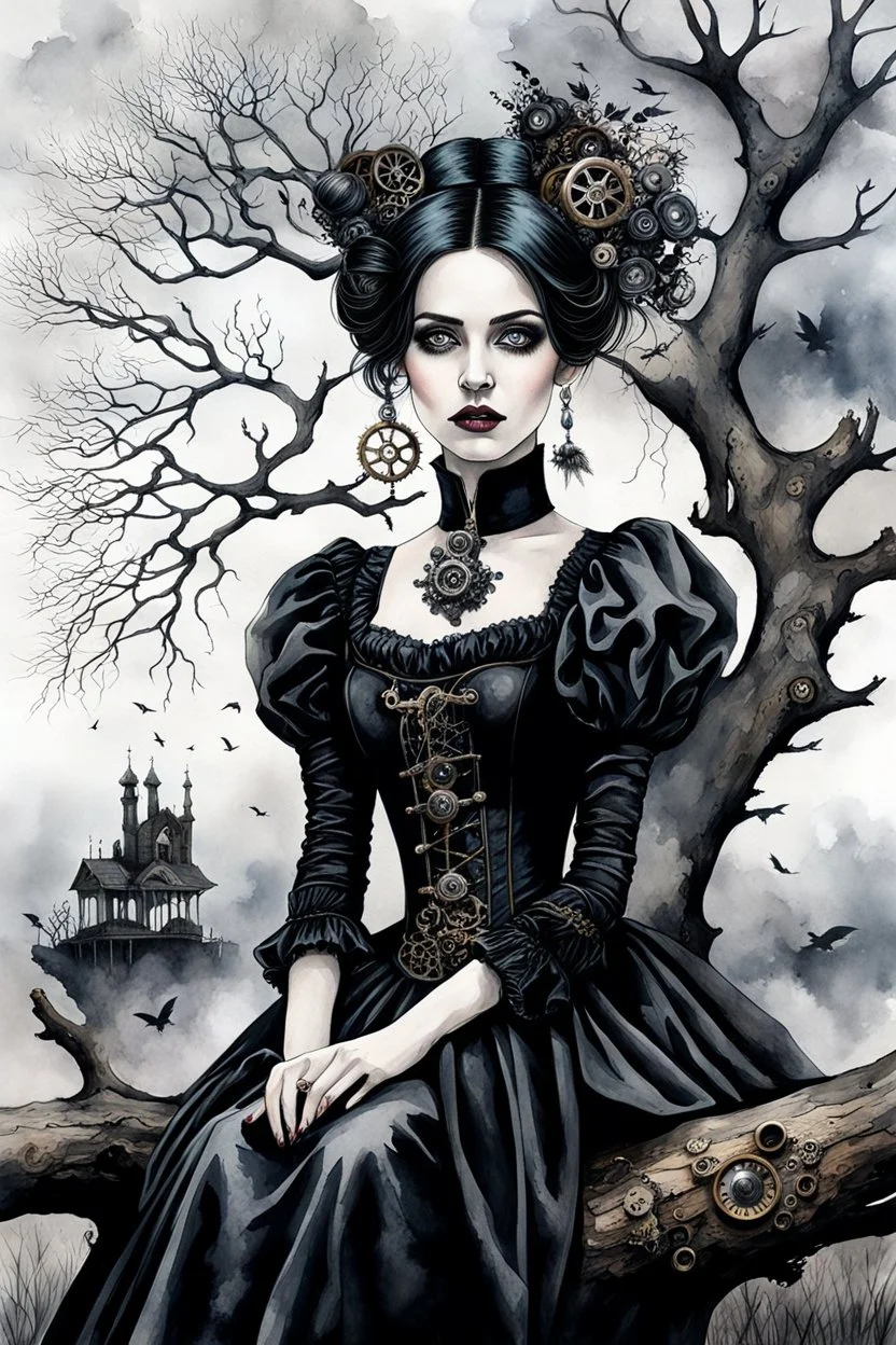 hyper realistic watercolor art style with ink of a steampunk gothic style young woman. She is like doll with pale skin, big dark eyes, tiny nose, tiny mouth, dark hair in gothic dress sitting on a dry tree branch. deep, dark colors, her face is melancholic, surreal with mysterious elements. fog, barren landscape, crows in the gray sky, thriller, weird style, smooth blending, extremely detailed, realistic textures, cinematic, dramatic lighting