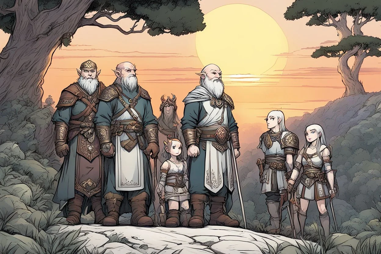 [comics Andrew MacLean style] At the crest of the hill, under the watchful gaze of the setting sun, a motley crew of courageous souls stands assembled. The short bald dwarf healer, his weathered features etched with ancient knowledge, surveys the group with a keen eye. Beside him, the female Elf radiates an aura of forest magic, her eyes alight with the wisdom of the natural world. Opposite the Elf, the female thief from the dark city moves with a grace born of shadows, her pres