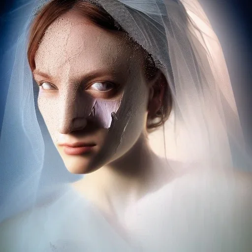 broken, cracked-open woman's face, fine detail, highly intricate, wearing bridal veil, modern surrealism painting, high-quality, volumetric lighting, 8k, ultrahd, George Grie, Marco Escobedo, Igor Morski