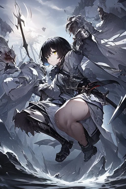 Anime girl with short black hair and sharp green eyes holding a sinister spear and sword, black and white metal armour, full body shot, Dark lighting,1woman, soaked in blood,Warrior