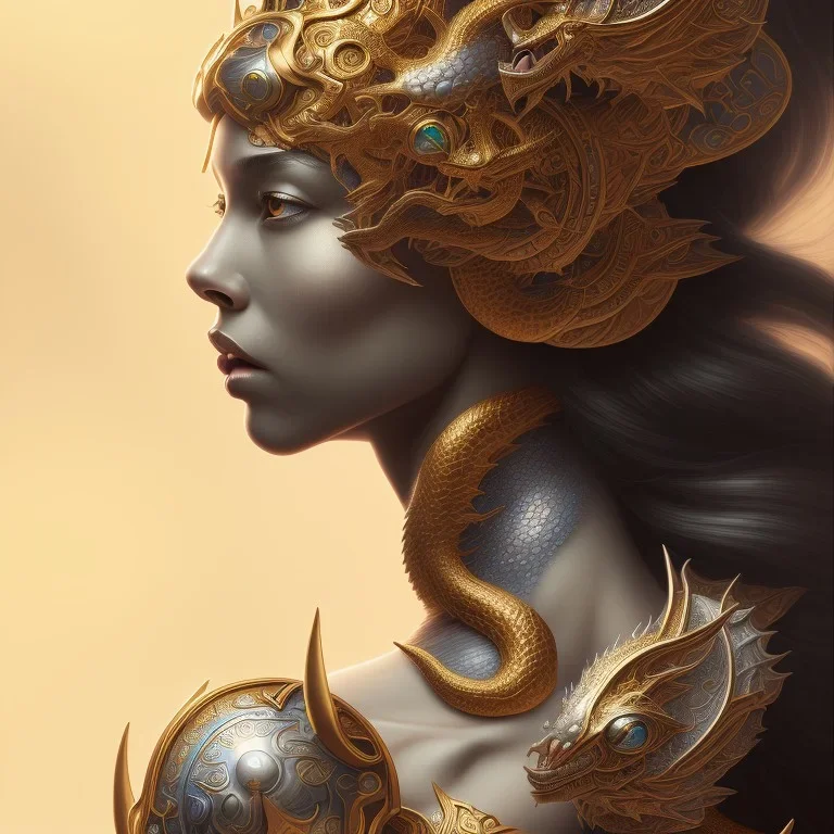 sango fantasy, fantasy magic, intricate, sharp focus, illustration, highly detailed, digital painting, concept art, matte, artgerm and paul lewin and kehinde wiley, masterpiece silver dragon head golden Asian nice breast Afo woman black waves