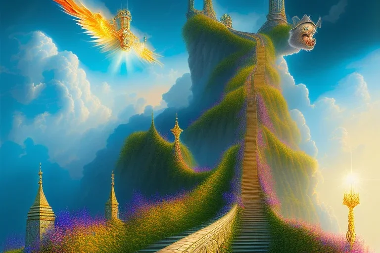 mythical long stairway up to heaven in the sky, beautiful colours, fine art