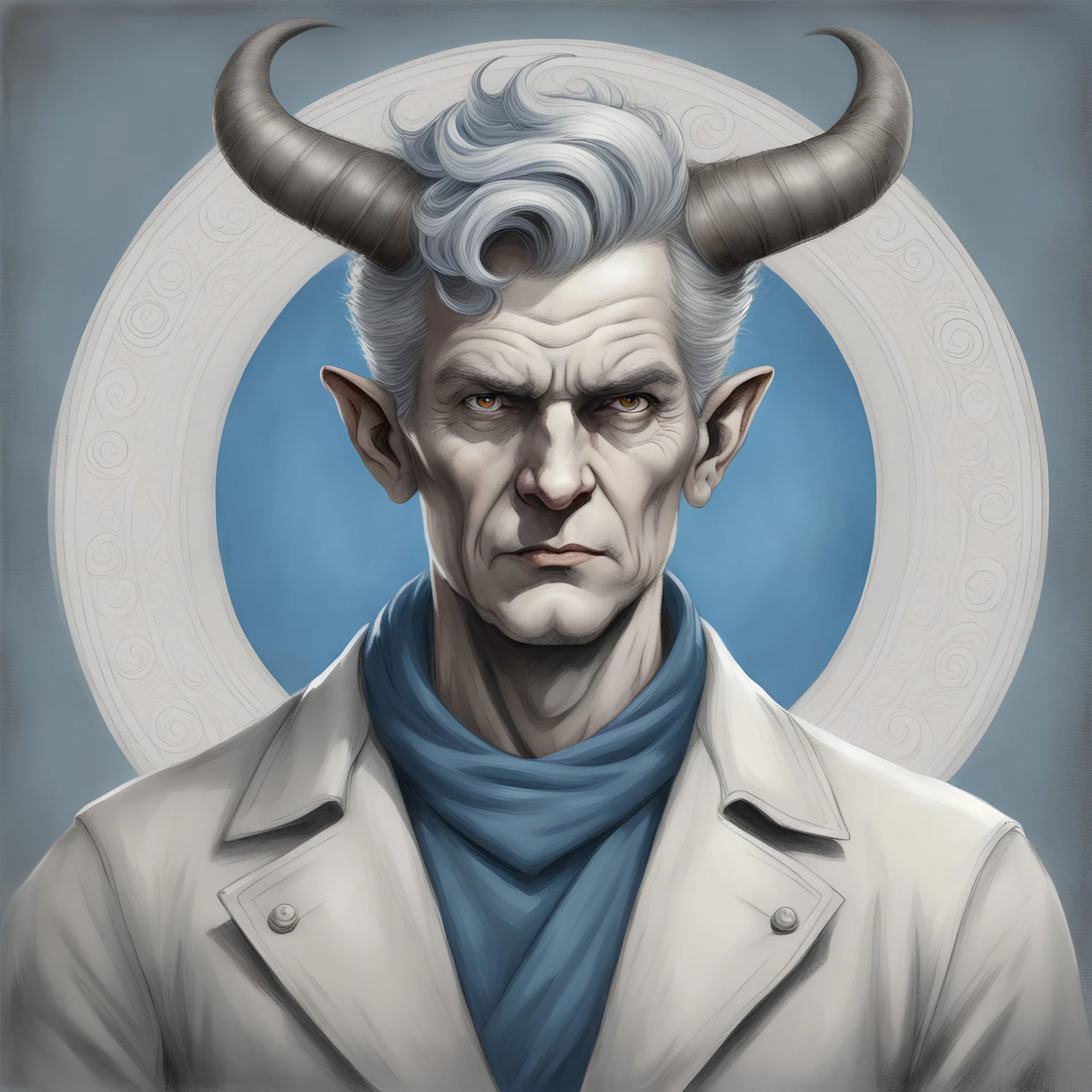 Devil with short gray hair and gray spiraled horns wearing plain clothes of cream and gray-brown with a blue belt background rome in pencil art style