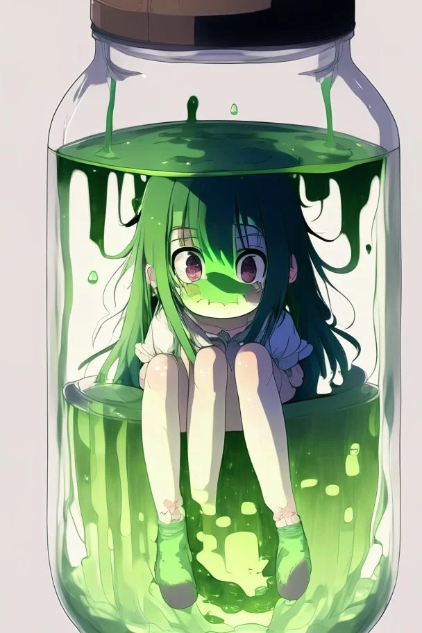 moody anime girl, scared face trapped in a jar with slime, feet point view,