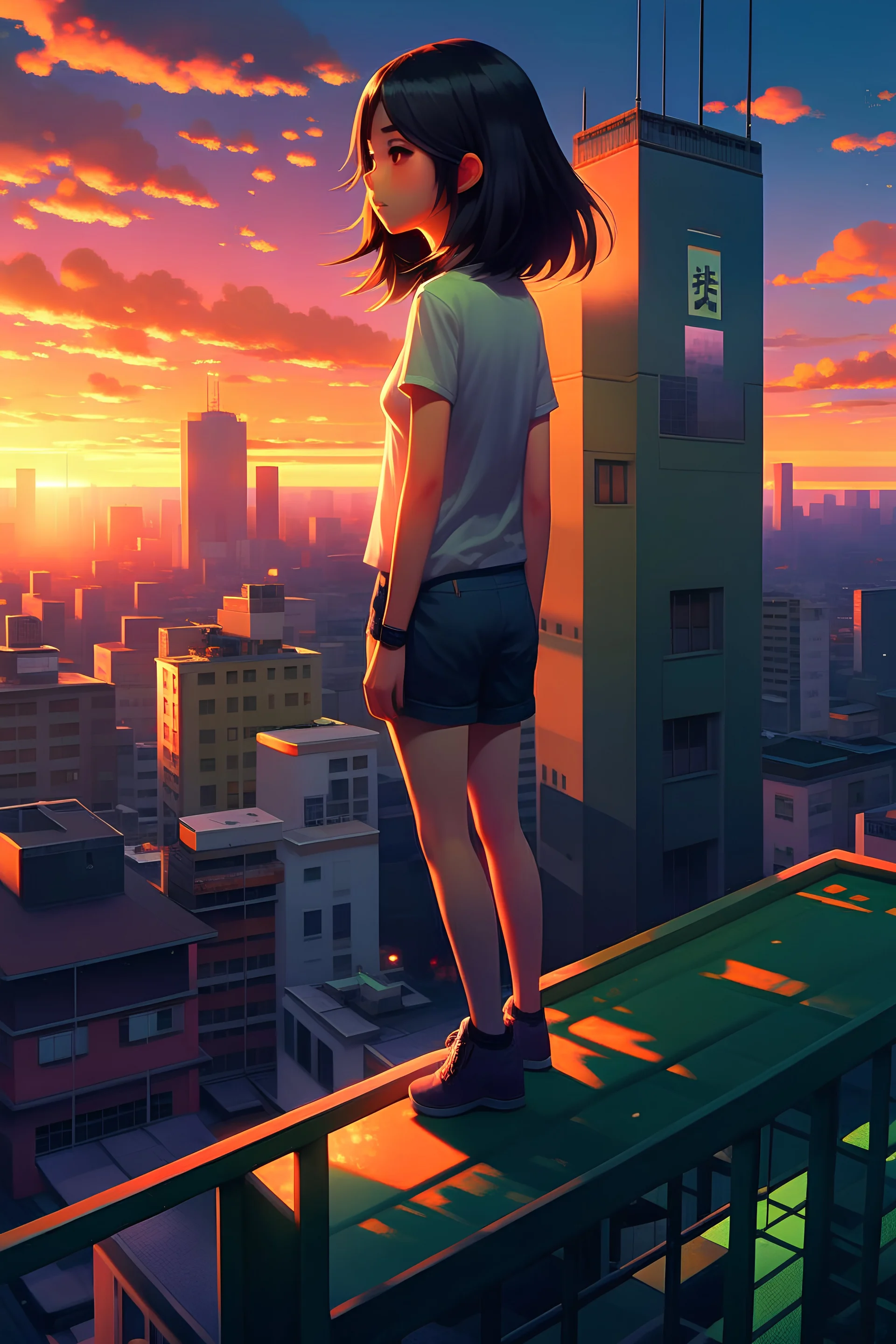 a woman standing on top of a roof next to a tall building, makoto shinkai and artgerm, cgsociety 9, artstyle : ilya kuvshinov, korean artist, artgerm and atey ghailan, masayoshi suto and artgerm, anime style cityscape, digital advanced anime art, by Ilya Kuvshinov
