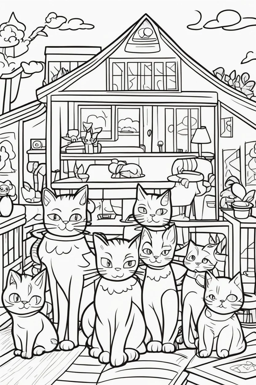 coloring page for kids, Cats in the house, cartoon style, thick lines, low detail, no shading