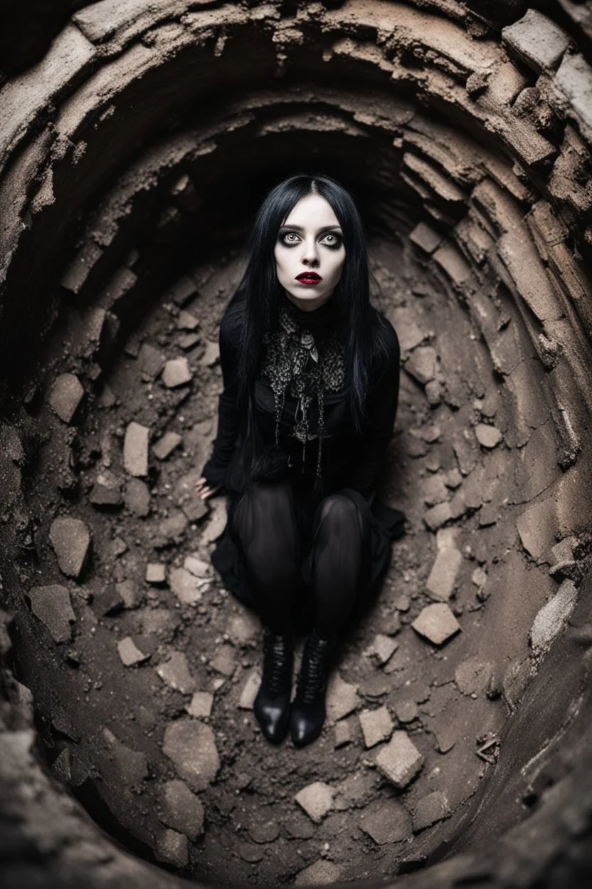 Closeup tall Girl goth with big eyes, ragged clothes, fullbody, claustrophobic really, crushed inside, the perspective looking up from the bottom of an empty well , 8k,macro photography,