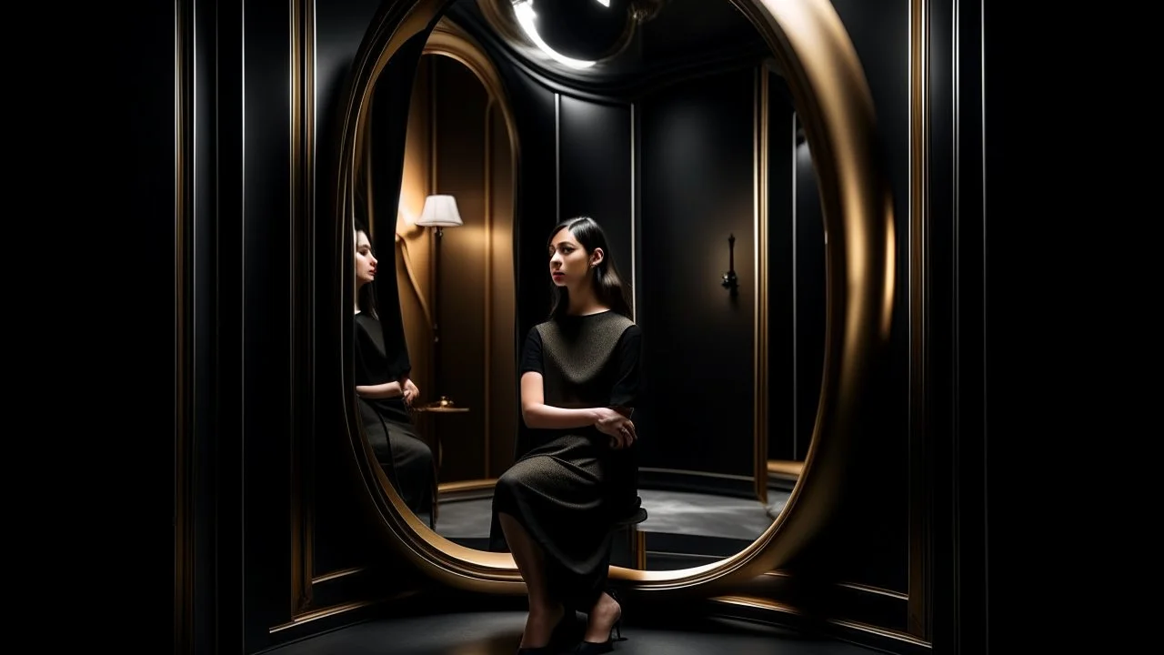 Female portrait in a floating black minimalist frame, surrealist room design with impossibly curved walls, art deco mirror fragmenting reality into multiple dimensions, sculptural furniture with organic shapes, dramatic lighting from hidden sources, play of reflections between the portrait and the mirror, fantasy architecture style