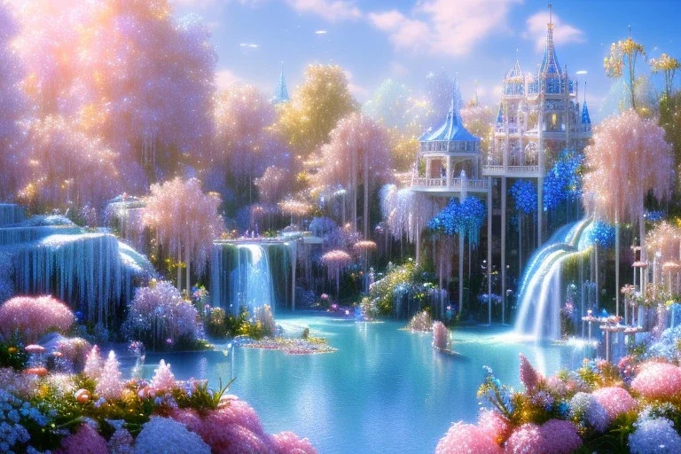  white and gold crystal PALACE，waterfall, BLUE LAKE, SWANN,flowers, flower trees, sky pink blue, full of details, smooth, bright sunshine，soft light atmosphere, light effect，vaporwave colorful, concept art, smooth, extremely sharp detail, finely tuned detail, ultra high definition, 8 k, unreal engine 5, ultra sharp focus