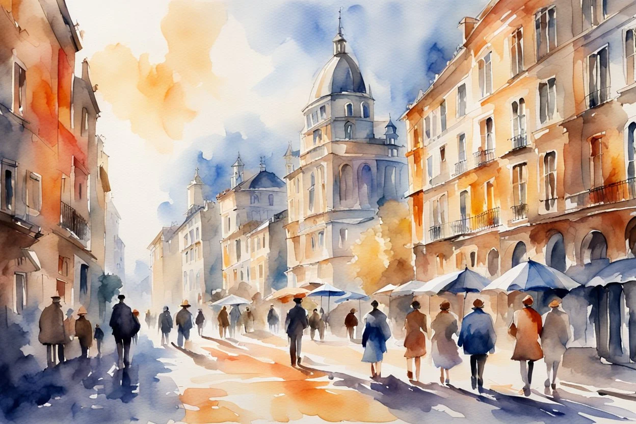 beautiful watercolor painting of famous structures, european cities, and buildings, people on the street, 16k, ultra HD, sunlight