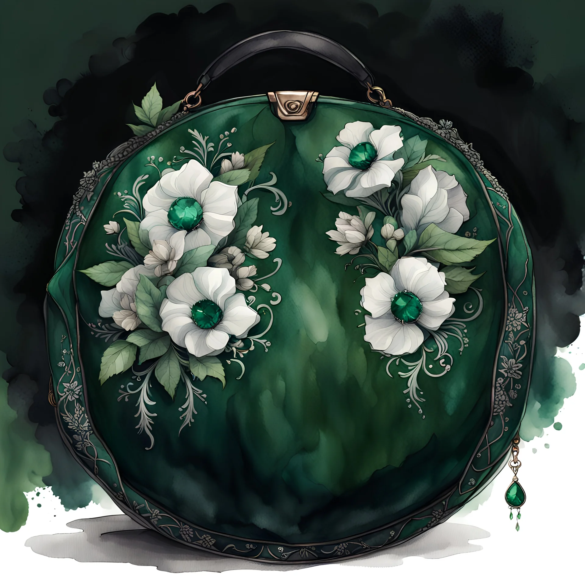 watercolor drawing of a dark Gothic green round bag with emeralds and flowers and white lace, on a white background, Trending on Artstation, {creative commons}, fanart, AIart, {Woolitize}, by Charlie Bowater, Illustration, Color Grading, Filmic, Nikon D750, Brenizer Method, Side-View, Perspective, Depth of Field, Field of View, F/2.8, Lens Flare, Tonal Colors, 8K, Full-HD, ProPhoto RGB, Perfectionism, Rim Lighting, Natural Lighting, Soft Lighting, Accent Lighting, Diffraction Grading, With Impe