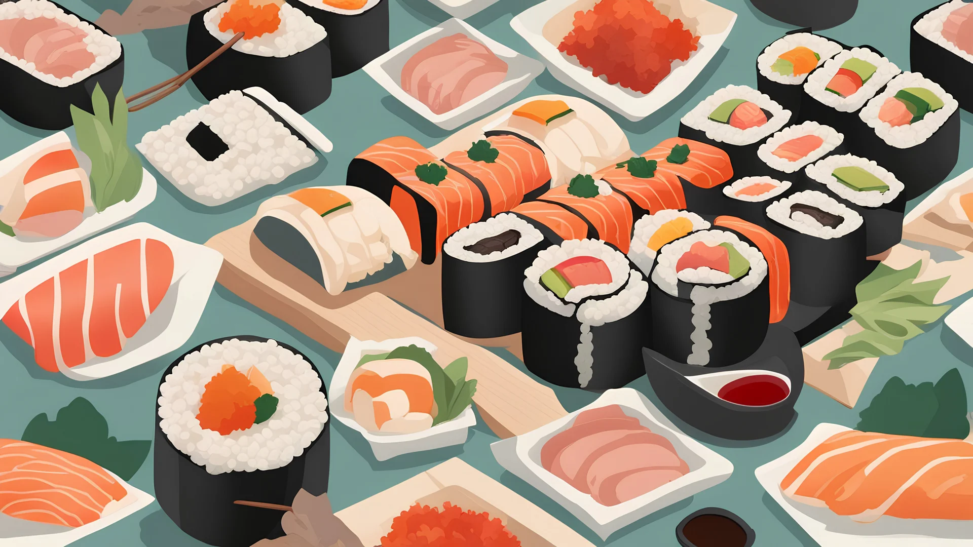 "An image of a sushi dish ready for serving, showcasing its vibrant colors and diverse ingredients. The details of the rice, fish, and vegetables are portrayed realistically, making you feel as if you're dining in an upscale Japanese restaurant. The harmonious blend of colors creates an artistic masterpiece worthy of savoring."