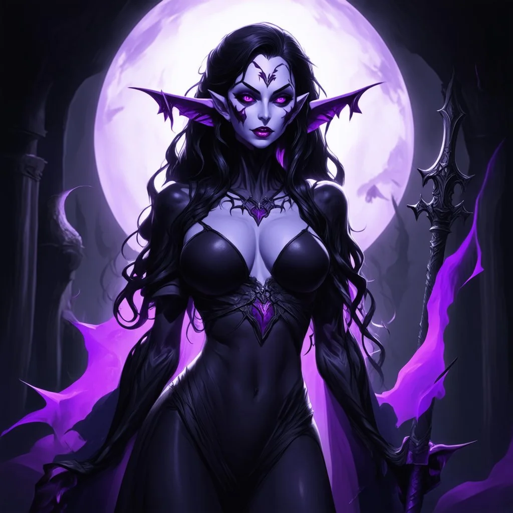 drow elf woman, sorceress, enchantress, dark hair, purple skin, demonic, digital art, dark fantasy