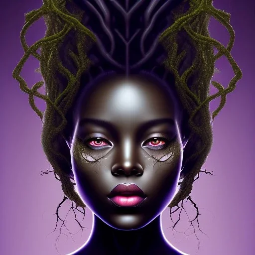 Painting .the face of A young black woman. A wood nymph emerging from the forest. Her hair looks like vines. Dreadlocs. Her skin is the colour of dark soil. Her skin looks like tree bark. Her clothing is made of vines, grass and leaves.