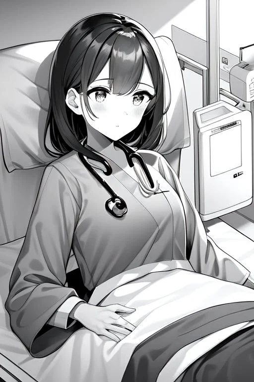 girl in bed, hospital patient room, greyscale