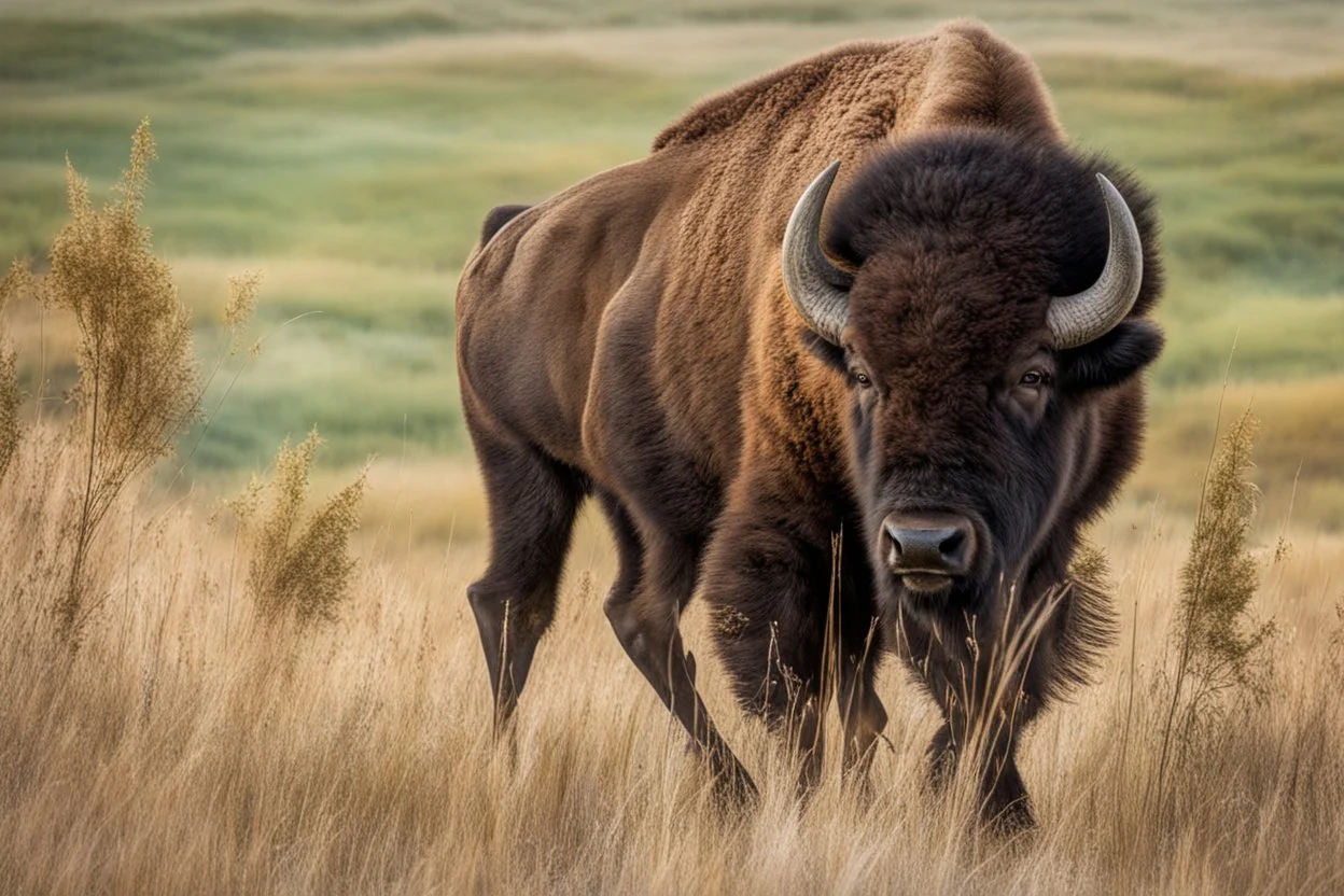 Bison walking uphill towards viewer's right, prairie grasses in foreground, background fades out to completely white