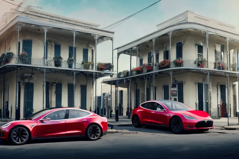 A Tesla 'Model S' is parked, on the streets of New Orleans. (CINEMATIC, WIDE ANGLE LENS, PHOTO REAL)