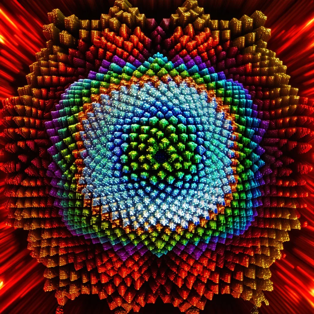 a mandelbulb 3d fractal made of small metallic random color cubes