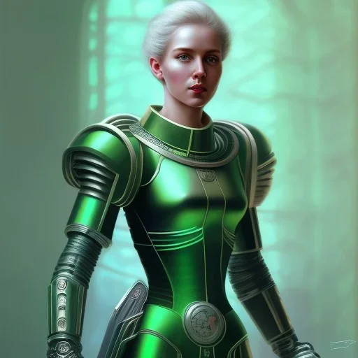 Young Woman as a ruggedly beautiful retro sci-fi space marine in a green pvc outfit, 1985, intricate, elegant, highly detailed, centered, digital painting, artstation, concept art, smooth, sharp focus, illustration, art by artgerm and donato giancola and joseph christian leyendecker, ross tran, wlop