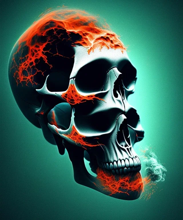 broken realistic skull. black background. smoke and explode. particles in air. teal and orange. abstract. beksinski.