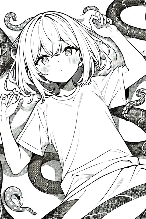 girl in T-shirt lying on the ground and covered with snakes, greyscale