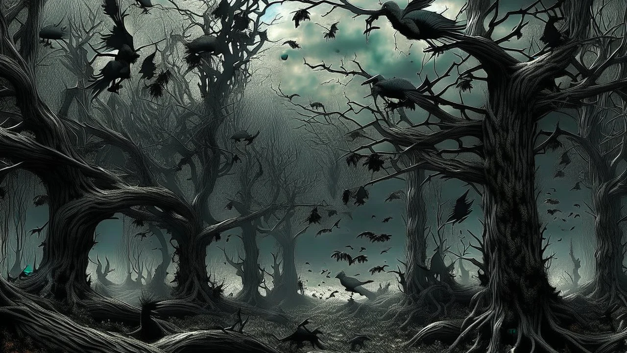 Birds and trees in alternative surreal barren, dry, gloomy world, nightmare in abyss, deep vortex, ,noir, surreal, dark mood, weird dark fantasy, deep dark colors, sharp lines, crepy stunning, high detalied, weird, fog, shadows, realistic, surreal, highly detailed, melancholic thriller mood