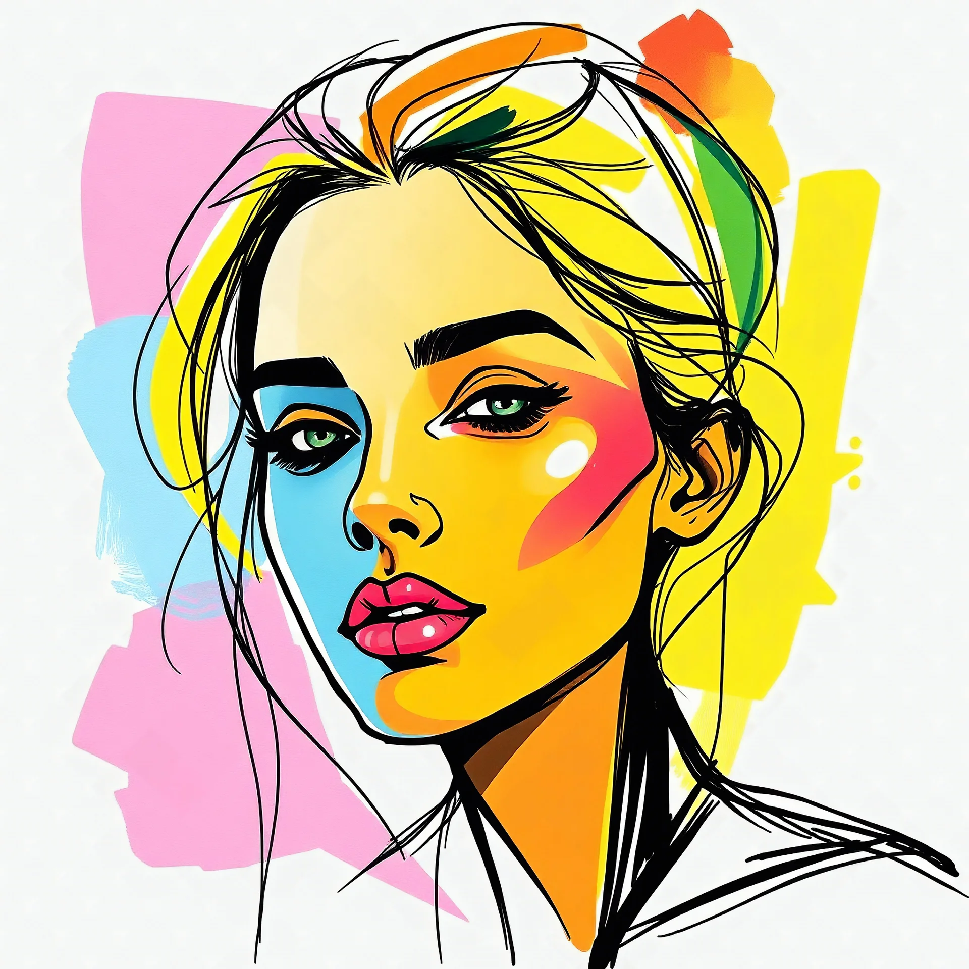 A vibrant abstract artwork of a female portrait with sketchy, minimalist lines and geometric shapes