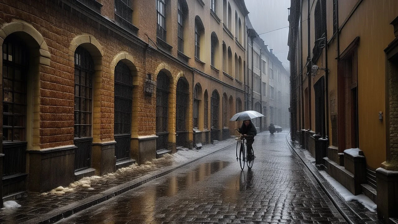 The rain-soaked cobblestones shimmer as a lone cyclist glides down the narrow street, while the architecture wears a winter blanket of beauty.