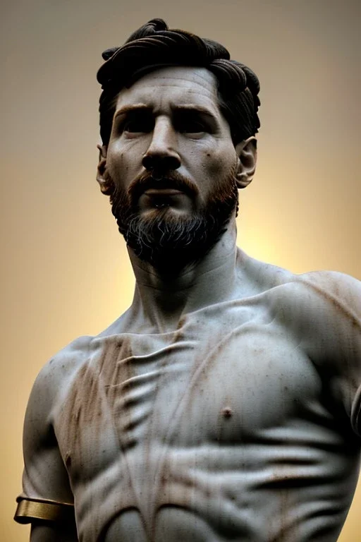 Ultra Realistic image, classical renaissance sculpture, white marble and gold material, Lionel Messi, emperor style, gold Laurel leaves crown, chisel style, waist up portrait, epic, celestial, cinematic lighting, God light, god rays, 4k resolution, smooth details, ornate details, soft lighting, unreal engine 5, sky background.