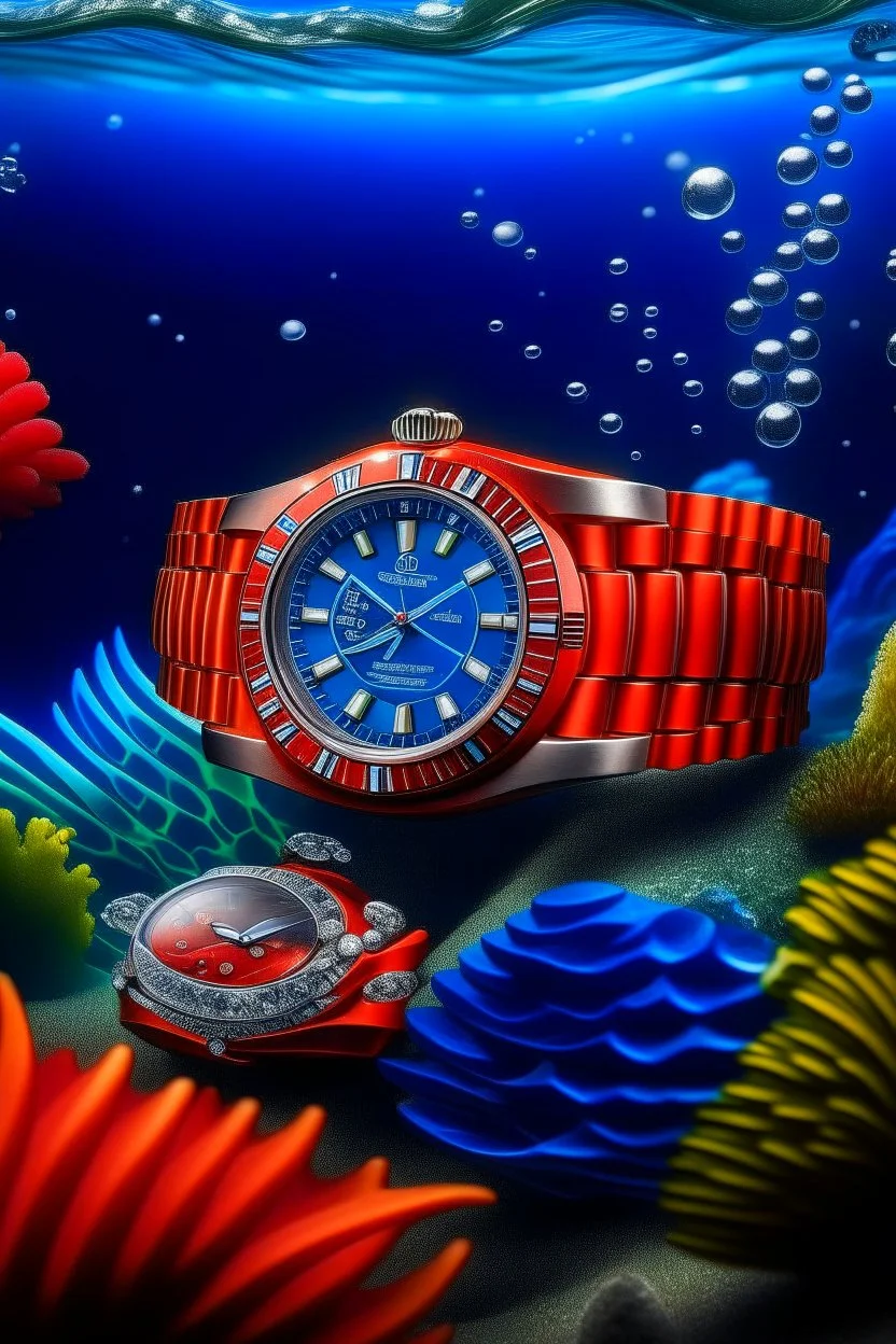 Prompt an image featuring a Cartier Diver watch submerged underwater with vibrant marine life and a mid journey vibe, capturing the essence of exploration.