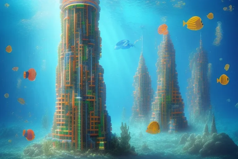 One mile tall underwater plastic city Towers made out of stacked Rubik's Cubes, Orange, white, blue, green.