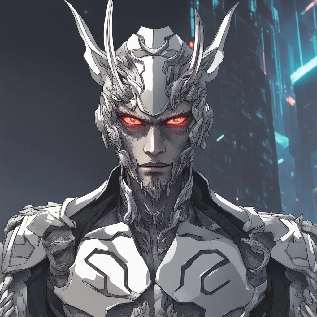 silver skinned anime Dragman cyberpunk with dragon mask in his eyes