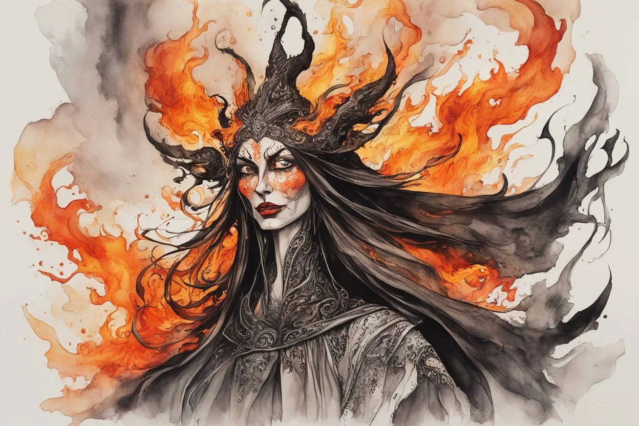 create an abstract ink wash and watercolor caricature of a beautiful, malevolent, ornately dressed , 14th century sorceress engulfed in fire ,highly detailed with refined facial features in the cartoon caricature style of Gerald Scarfe and Ralph Steadman precisely drawn, boldly inked, vividly colored, 4k