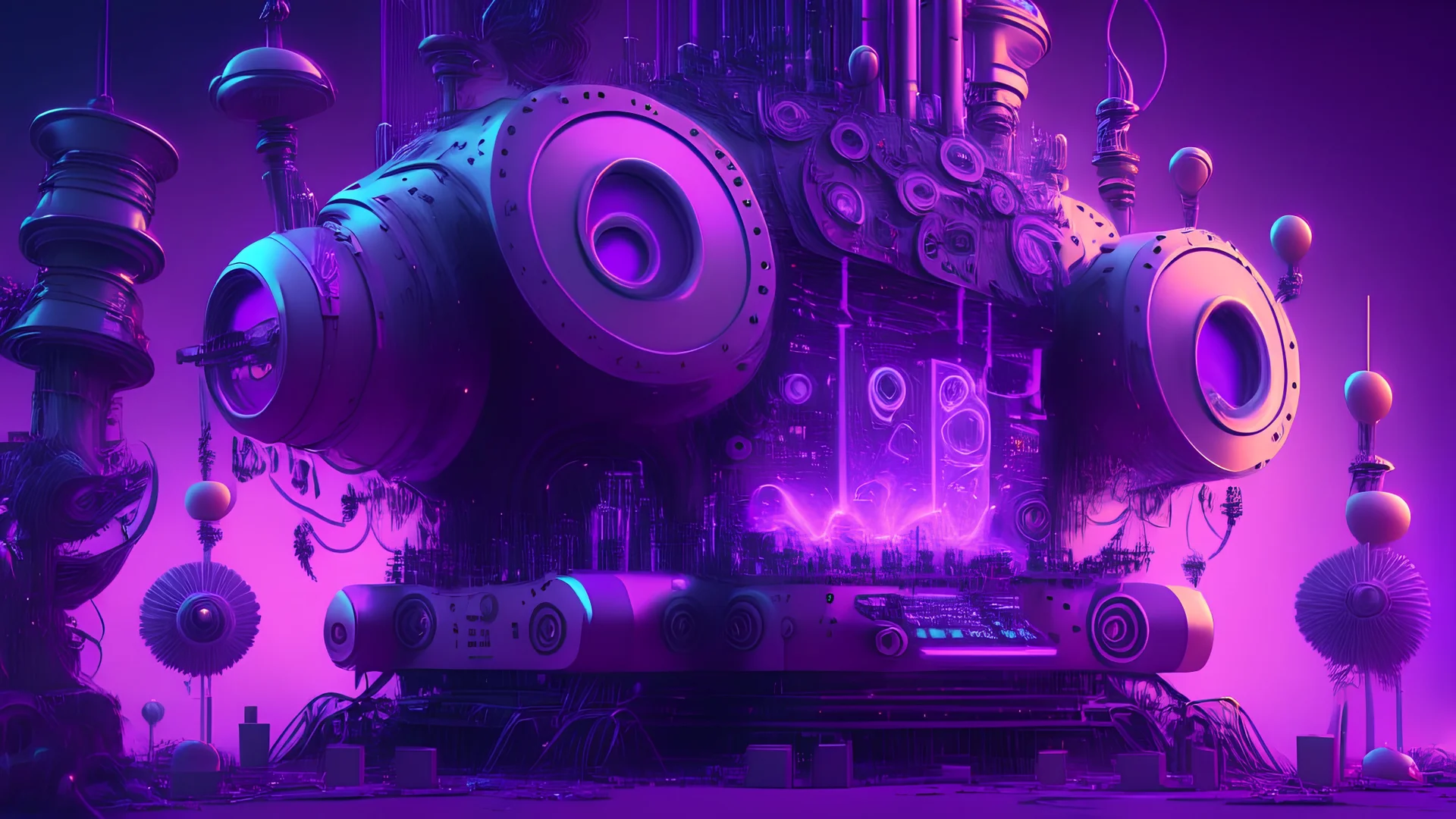 a giant magic machine with lots of gadgets, purple tones, dreamy, psychedelic, 4k, sharp focus, volumetrics, trippy background