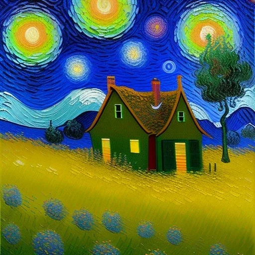 Dibujo al oleo de una pradera con una casa con muchas nubes de colores estilo Vincent van Gogh