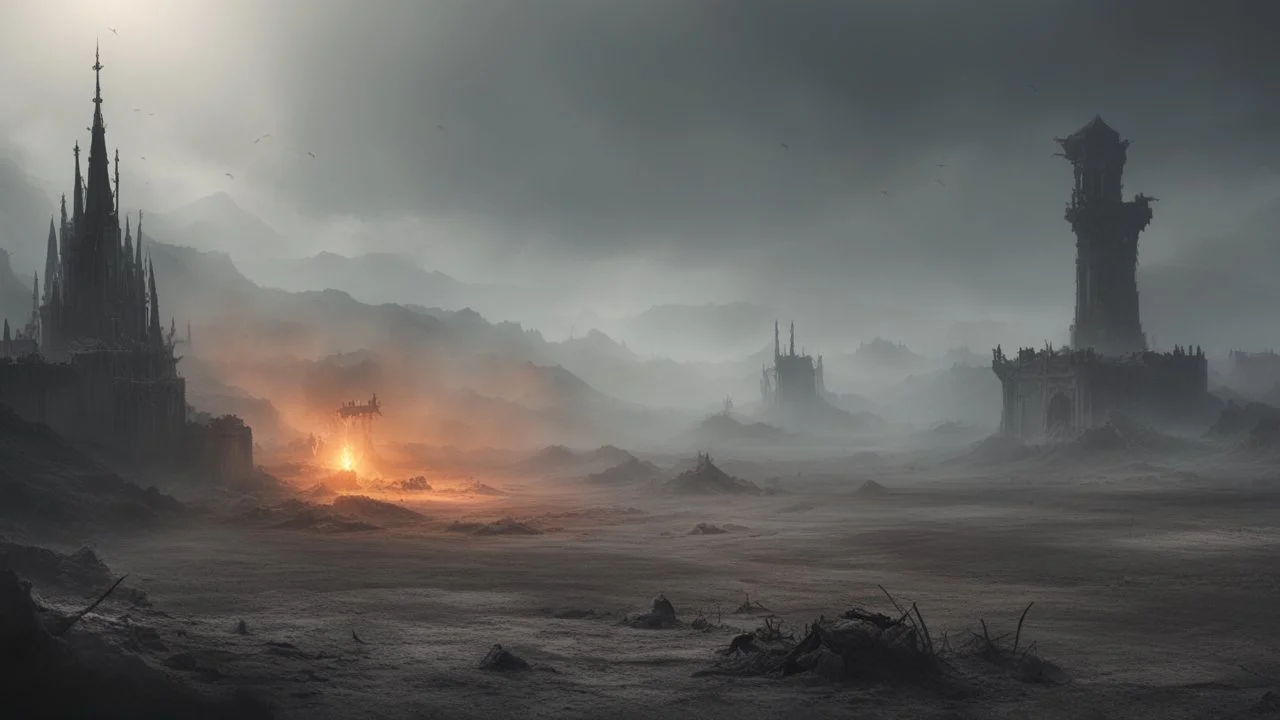 an apocalyptic flat landscape covered in dark gray dust. ancient battle field. skeleton. dragon bones. dark grey mist. bleeding sun. seen from the ground. fantasy, horror. no trees