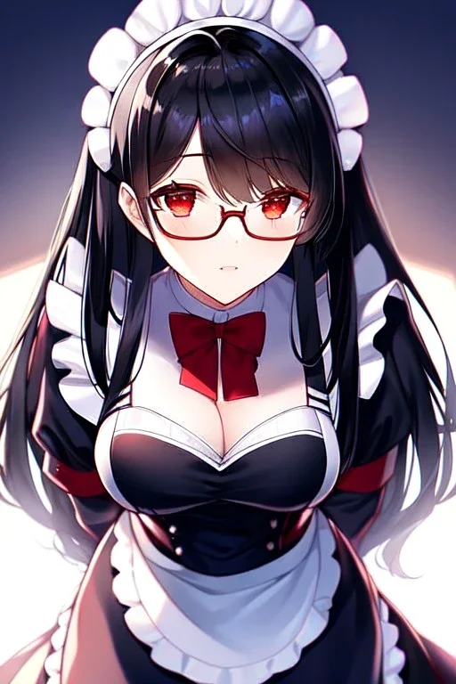 girl, masterpiece, best quality, volumetric lighting, detailed outfit, perfect eyes, long hair, black hair, red eyes, glasses, bowing, maid,