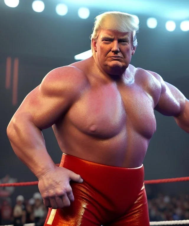 Realistic image, Donald trump wrestler, wrestling, lights cam, retro style, 80s, hot ambient, photo studio, red, vibrant color, gradient, highly detailed, art stations, concept art, smooth, unreal engine 5, god rays, ray tracing, RTX, lumen lighting, ultra detail, volumetric lighting, 3d, finely drawn, high definition, high resolution.