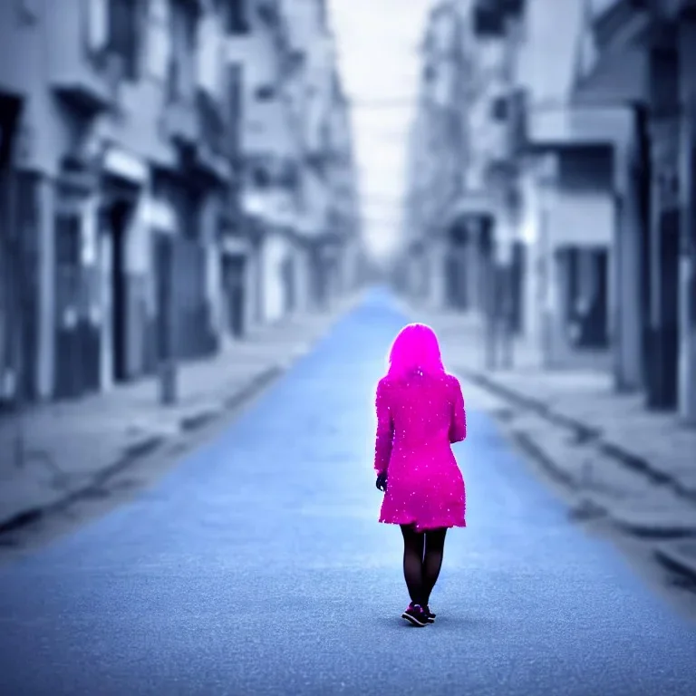 Beautiful lonely girl who walks along a street without people at dawn. You see her from behind. She is very short blue dressed. She has pink hair with glowing crystals. Full body, 8k resolution concept art. Professional Photo HD. Stylish. Warm vivid colors. Panoramic