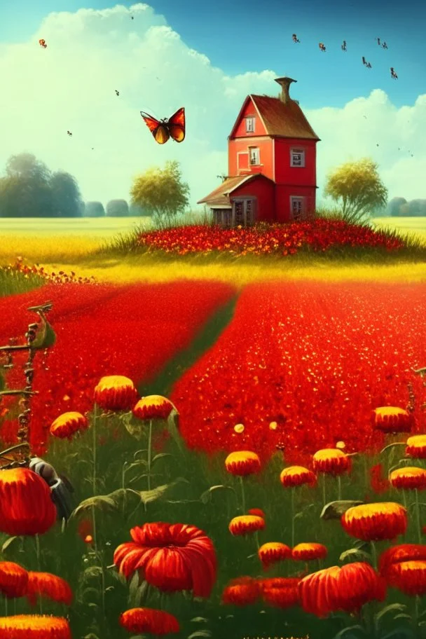 field, farm, scarecrow, plants, red flowers, grass, sky, bees, honey, bee houses, trees, fountain, flowers