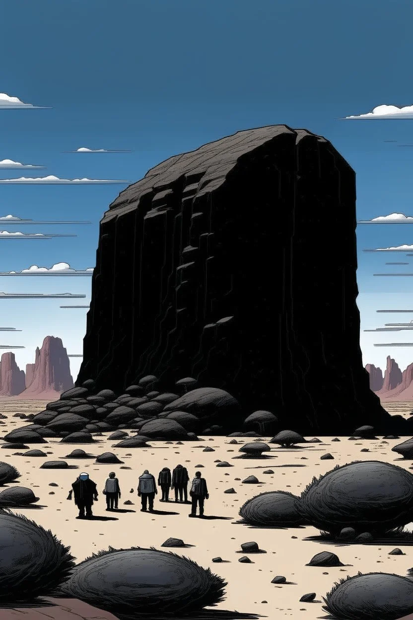 giant black rock in the desert with small people around n the style of Hiroshi Nagai