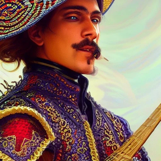 portrait,"Insanely detailed photograph of a mariachi warrior", highly intricate chainmail charo,colorful Sombrero,elegant, highly detailed D20, digital painting, artstation, concept art, smooth, sharp focus, illustration, art by artgerm and greg rutkowski and alphonse mucha, 8 k