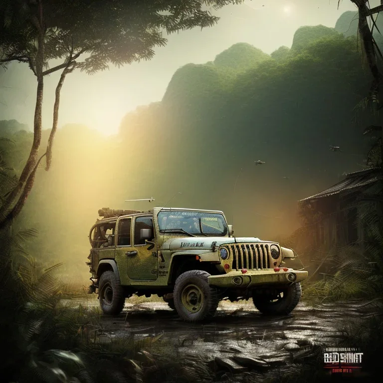 vietnam war. war report. jeep in jungle. poster. bokeh. lens flare. warm lights. high detailed