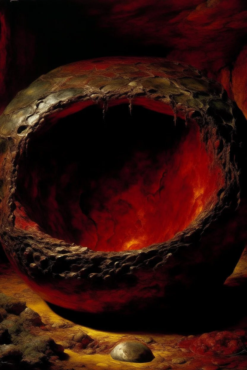 A dark red molten underground designed in African pottery painted by Gustave Courbet