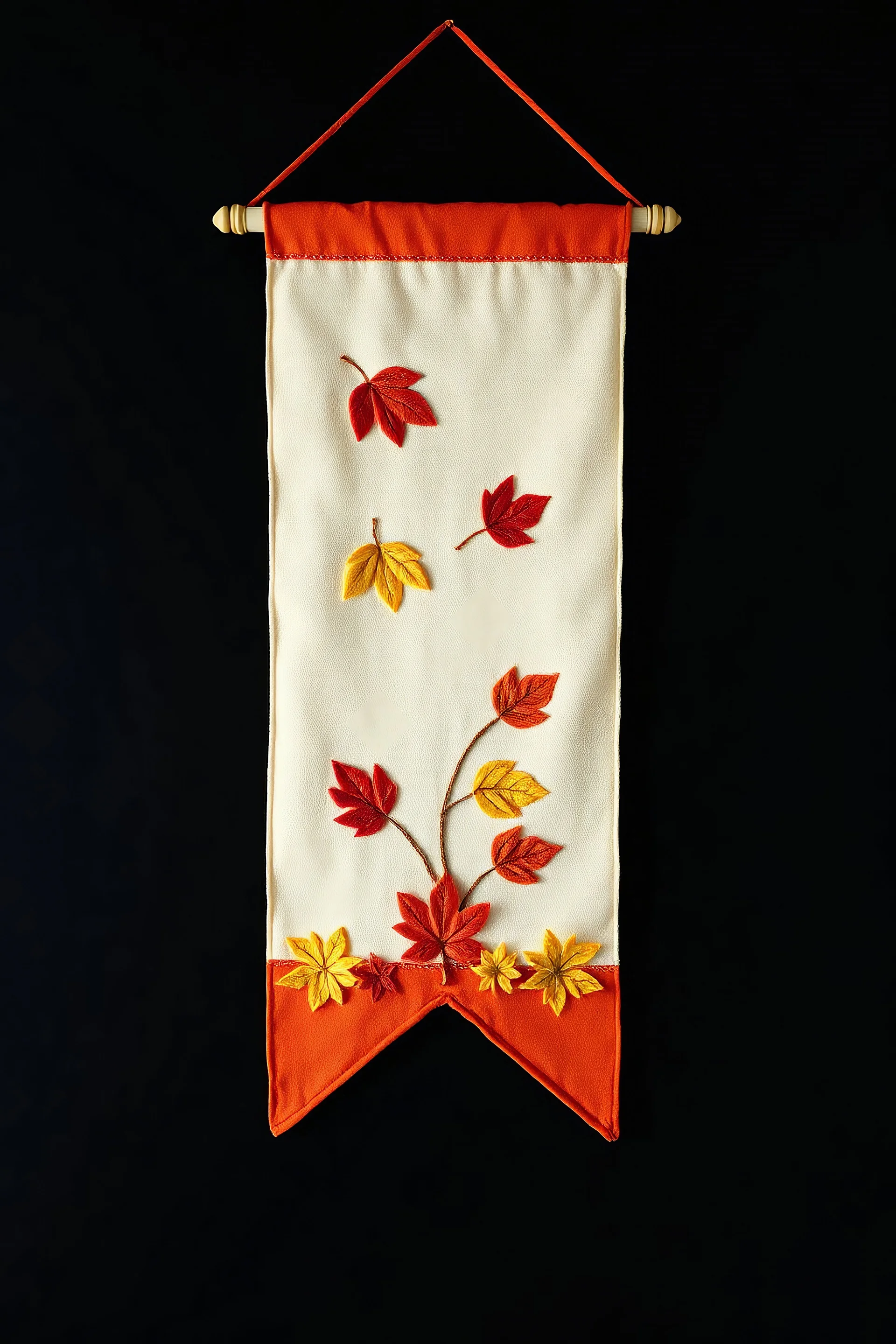 an autumn colored cloth banner hanging with embroidered leaves and slightly pointed bottom, on dark background