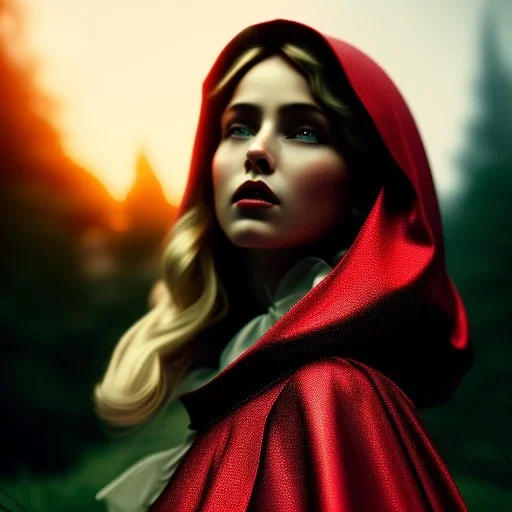 Head to shoulder portrait little red riding hood, by tim burton, cinematic lighting, Hyperrealism, 8k uhd, depth of field, photography, unreal engine, octane render, raytracing, cgi, lumen reflections, cgsociety, ultra realistic, volumetric fog, insanely detailed, intricate golden ratio