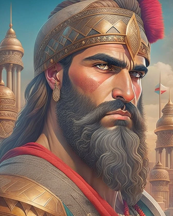 Mesopotamian warrior, expression serious, aura, portrait, background Mesopotamian city, comic style, long beard,