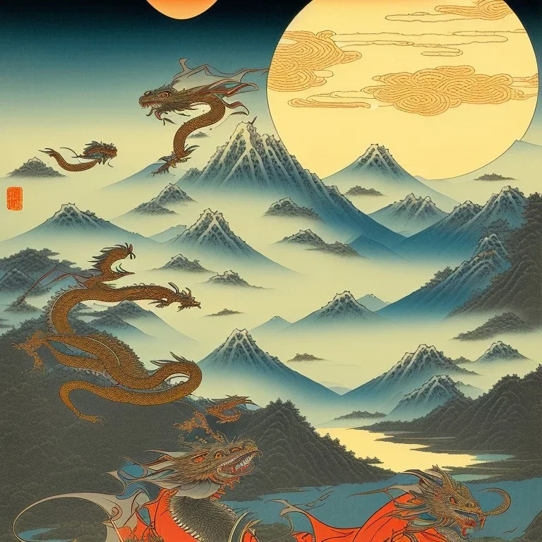 Ukiyo-e art, dragon center of the picture, mountains and sun in the background